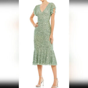 Mac Duggal, Sequin Ruffle Midi Gown, Sage, Size 2 - NWT!!